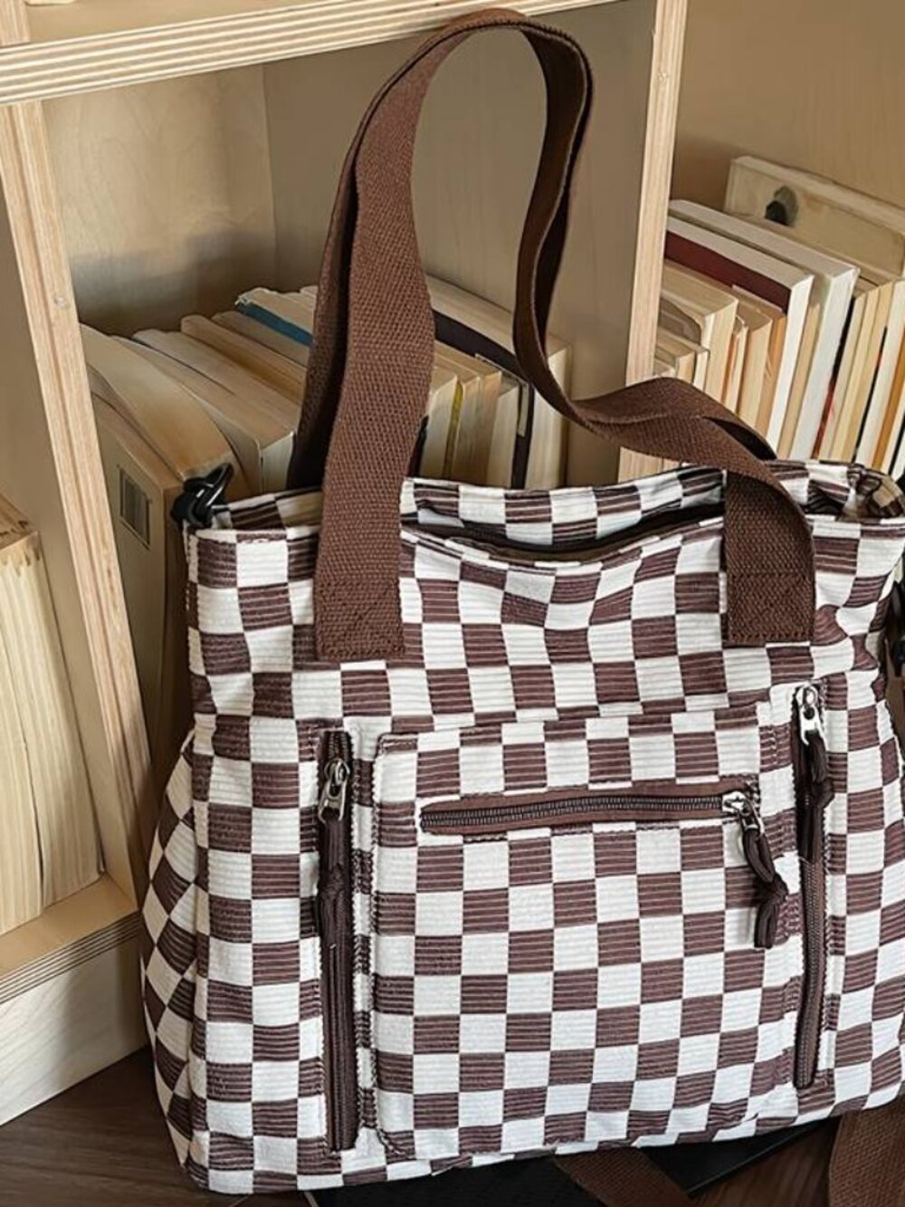 Checkerboard Corduroy Tote Bag Versatile Large Capacity Shoulder Crossbody - Picture 4 of 9